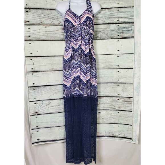 Vanity Chevron Lace Halter Maxi Dress Boho Festival Navy Pink Women’s Large - Picture 2 of 9